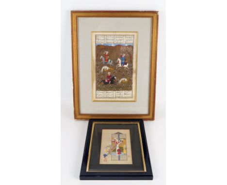 A Persian gouache depicting a hunting scene , with script to the sides and reverse, 24 x 15cm, together with a smaller painti