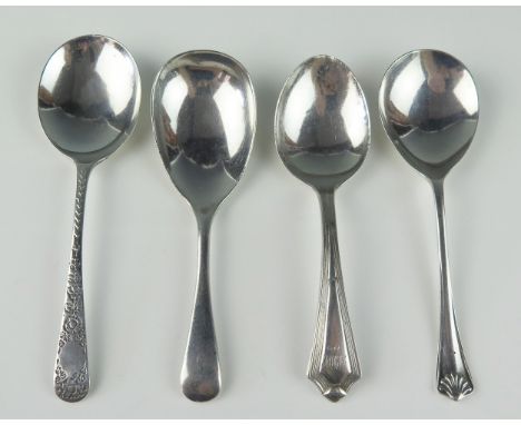 Four 20th century silver caddy spoons, various makers and dates, total weight of silver 76gms, 2.48ozs 