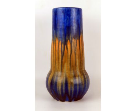 William Howson Taylor for Ruskin pottery elephant's foot vase with crystalline blue and yellow glaze, incised signature, impr