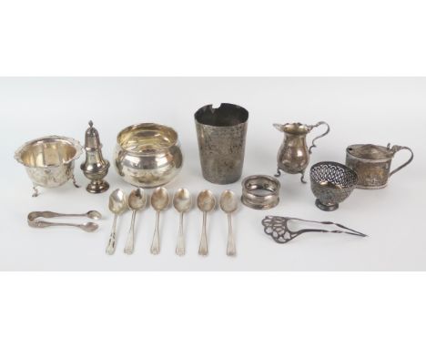 A mixed collection of silverwares, various makers and dates, includes mustard pot, napkin ring, sugar bowl, cream jug etc, to