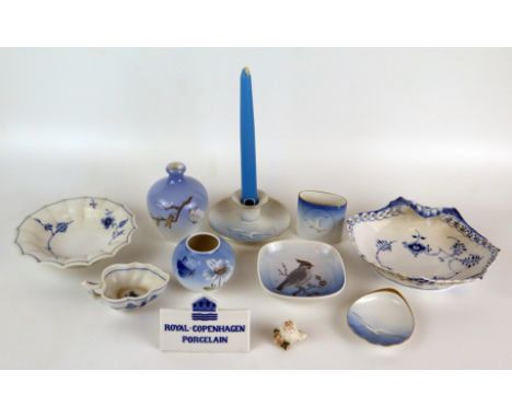 An assortment of Royal Copenhagen porcelain dishes, vase, bowl, candlestick advertising sign etc. 