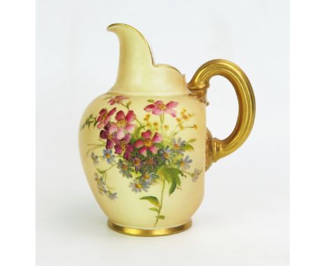 A Royal Worcester blush ivory cream jug, with painted floral spray decoration heightened in gilt, with reeded C-shaped handle