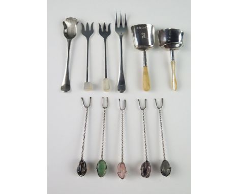 A collection of assorted silver olive forks, some with polished stone terminals, together with a silver and mother-of-pearl h