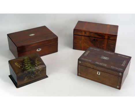 A Victorian papier mache stationery box, 16.5cm wide, a walnut tea caddy and two other boxes. (4). 