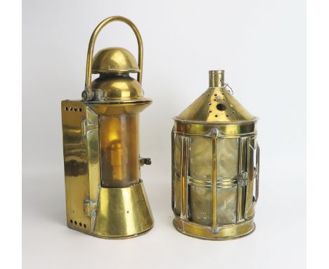 A ship's brass binnacle lamp, Stamped Bulpitt &amp; Sons, Birmingham, 1900, overall height 41cm, together with another brass 