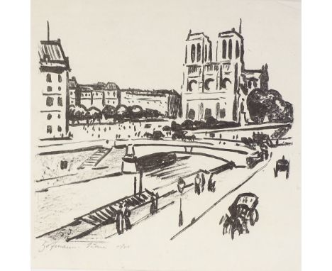 Hofmann, German School lithograph, view of Notre Dame, signed in pencil, 1912, 13" x 17", framed 