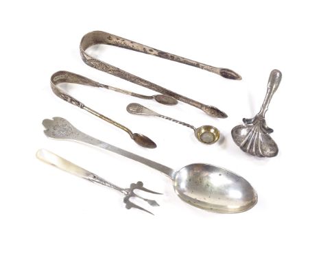 Various silver flatware, including Trefid spoon by William Comyns, Georgian caddy spoon by John Bettridge, sugar tongs etc (6