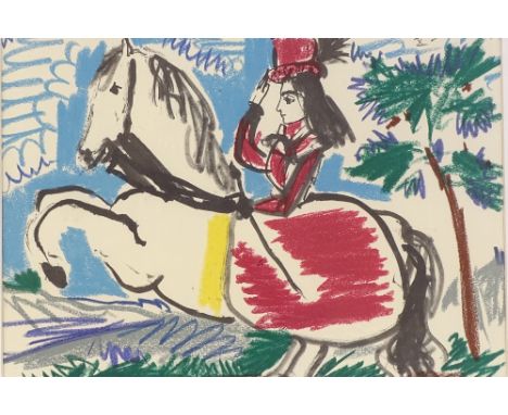 Pablo Picasso, colour lithograph, woman on horseback, 10" x 14", framed 