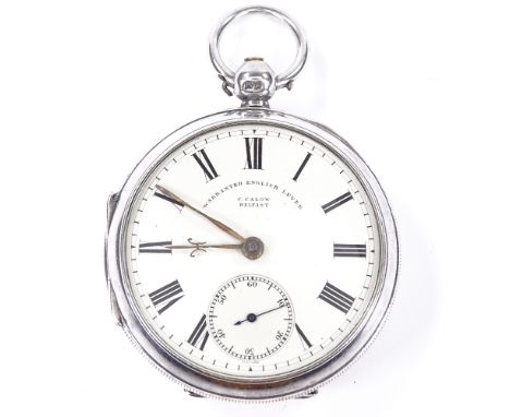 A silver-cased open-face key-wind pocket watch, by C Calow of Belfast, cream dial with Roman numeral hour markers and subsidi