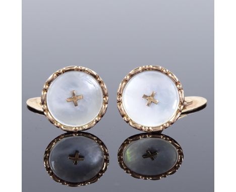 A pair of Hugo Grun Danish unmarked gold and mother-of-pearl cufflinks, button panel design, maker's marks H.Gr., panel diame