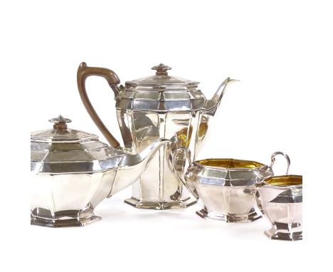 An Art Nouveau 4-piece silver tea set, octagonal form with gilt interiors, comprising teapot, coffee pot, sugar bowl and crea