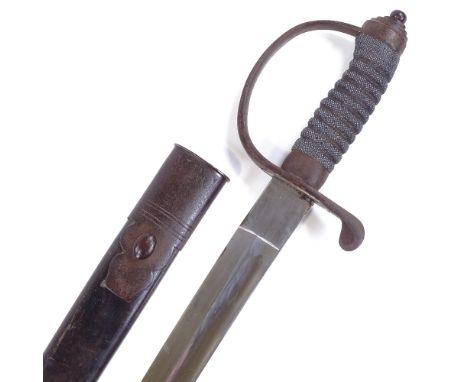 A 19th century short sword, iron hilt with shagreen grips, curved blade, blade length 61cm, original leather and metal scabba