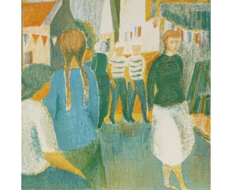 Roger Montane, lithograph, circa 1960, village scene, signed in pencil, image 19.5" x 15.5", framed 