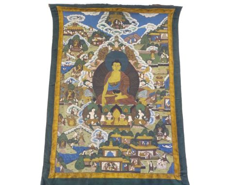 An Oriental watercolour thangka on linen, depicting a seated Buddha, in green silk surround with fine silk protective screen 