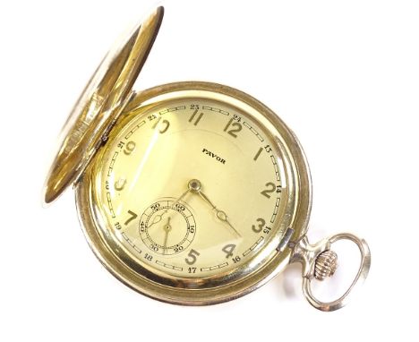 An Art Deco gold plated full hunter pocket watch, by Favor, champagne dial with gilt Arabic numerals and subsidiary seconds d