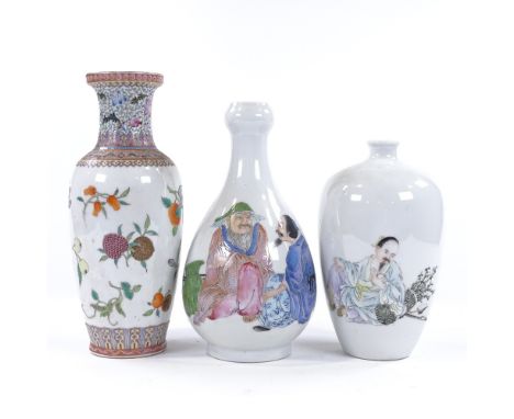 3 various Chinese porcelain vases with painted enamel decoration, largest height 26cm 