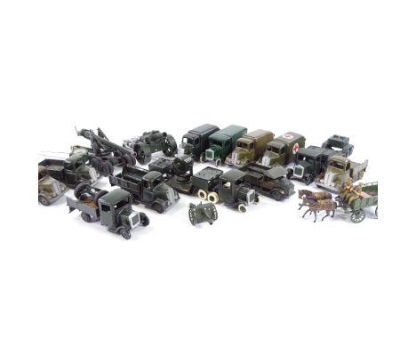 A collection of Britains diecast military vehicles, unboxed, including 2 10-wheeled underslung carriers, each carrying a sear