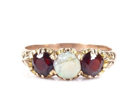 A 14ct rose gold 3-stone opal and garnet half-hoop ring, engraved foliate bridge and shoulders, setting height 6mm, size O, 3