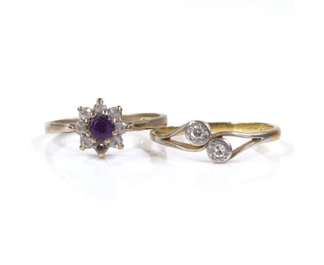 An 18ct gold 2-stone diamond crossover ring, setting height 6.7mm, size R, 2.2g, and a 9ct gold amethyst and paste cluster fl