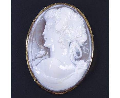 A large relief carved cameo shell panel pendant/brooch, depicting female bust, in 18ct rope twist frame, overall height 68.6m