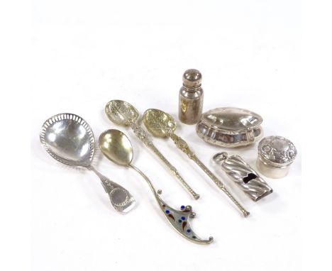 Group of various silver, including Britannia Standard caddy spoon, by Levi &amp; Salaman, hallmarks Birmingham 1910, sterling