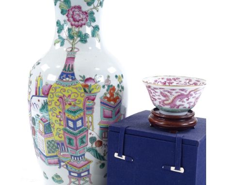 A Chinese white glaze porcelain vase, with painted enamel designs, height 43cm, rim A/F, and a Chinese porcelain bowl with pa