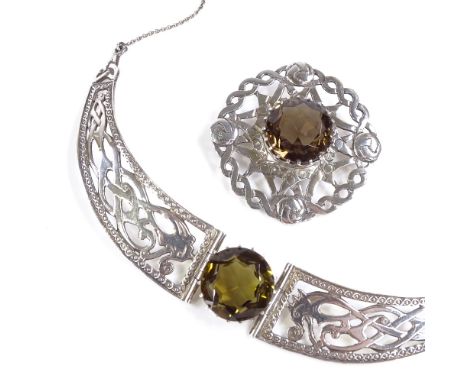 A Scottish silver smoky quartz necklace and brooch, with pierced settings, hallmarks Edinburgh 1975, necklace length approx 4