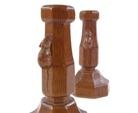 Robert Mouseman Thompson, pair of octagonal oak candlesticks, mid-20th century, height 18cm 