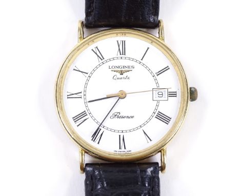 LONGINES - a 9ct gold Presence quartz wristwatch, white dial with roman numeral hour markers and date aperture, ref. L.156.4,