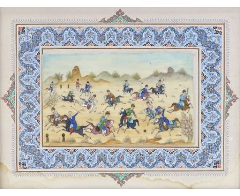 A late 19th/early 20th century Persian watercolour on ivory, depicting a polo match, in finely painted surround and ivory inl