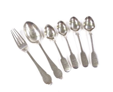 Various silver flatware, comprising 2 pairs of silver teaspoons, hallmarks Exeter 1840 and 1865, and a christening fork and s