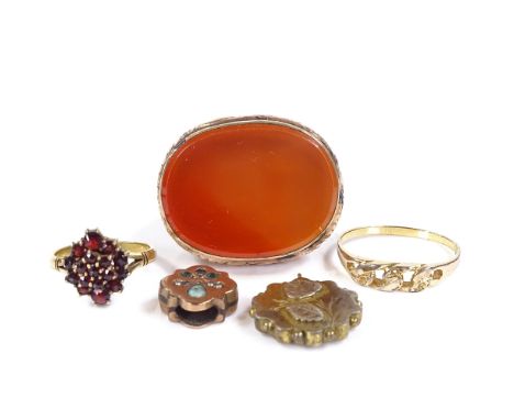 Various jewellery, including a large gold plated carnelian fob seal, garnet ring, etc. (5)Condition Report: All pieces genera