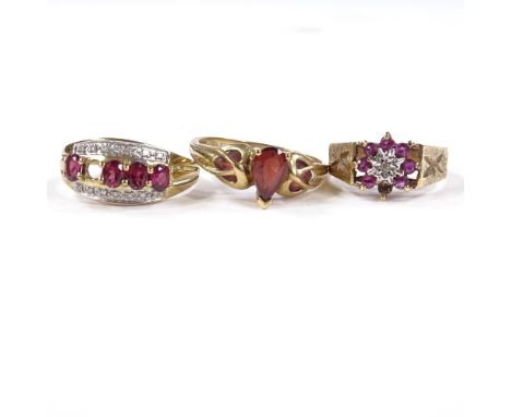 3 9ct gold stone set rings, including garnet, 8.7g total (3)Condition Report: Cluster flowerhead ring has 1 stone missing and