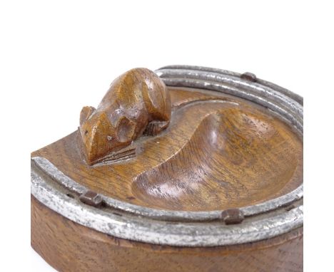 Robert Mouseman Thompson, oak ashtray with horseshoe mount, width 12cm 