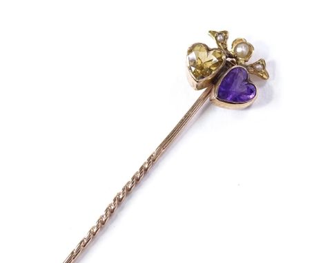 An unmarked gold amethyst citrine and split-pearl double-heart stick pin, overall length 54.1mm, 1.2gCondition Report: Very g