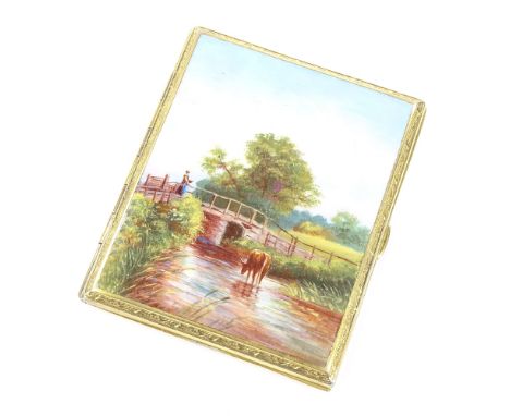 A gilt-metal and enamel cigarette case, early 20th century, hand painted cover depicting cattle wading in a river, height 8.5