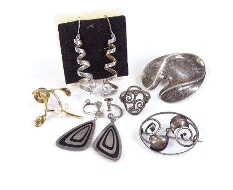 A Lise Aagaard Danish vermeil silver and pearl berry scarf pin, Hermann Siersbol sterling stylised brooch, etc. (6)Condition 