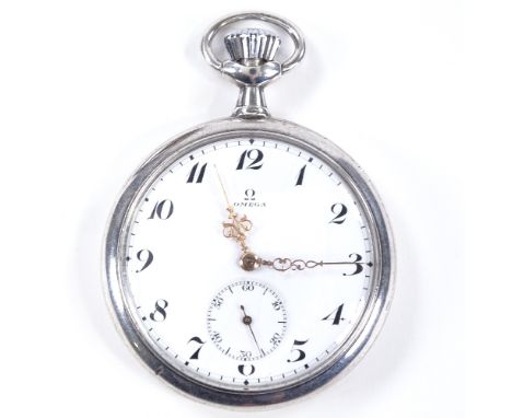 OMEGA - a Continental silver-cased open-face top-wind pocket watch, white enamel dial with Deco Arabic numerals and subsidiar