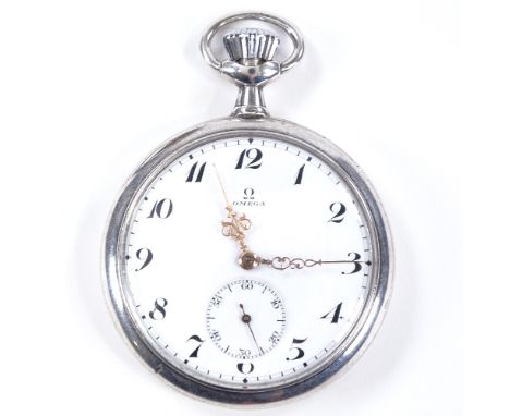 OMEGA - a Continental silver-cased open-face top-wind pocket watch, white enamel dial with Deco Arabic numerals and subsidiar