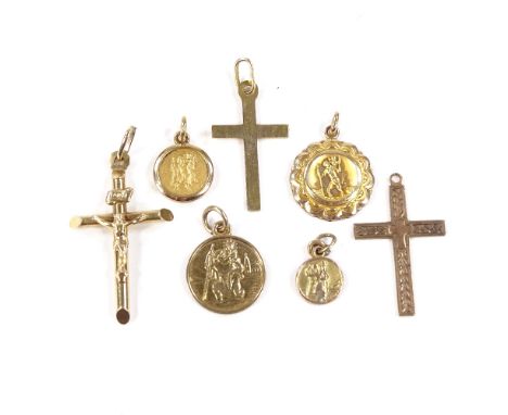 Various 9ct gold St Christopher pendants and crosses, including 1 by Georg Jensen, largest cross height 29.5mm, 5.6g total (7