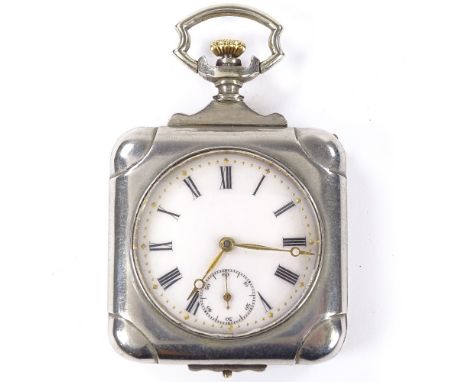 A square silver plated open-face top-wind pocket watch, white enamel dial with Roman numeral hour markers and subsidiary seco