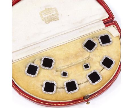 An Art Deco unmarked white metal onyx and diamond dress set, comprising a pair of cufflinks, a pair of dress studs and four b