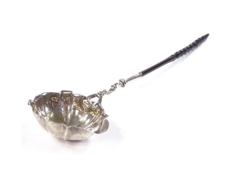 A George II silver toddy ladle, with scalloped bowl, original engraved initials and twisted whale bone handle, maker's marks 