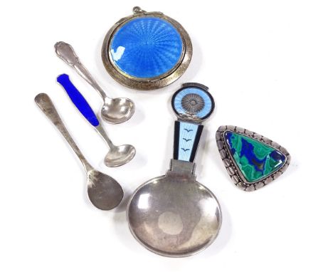 An Aksel Holmsen Norne Norwegian sterling silver and enamel caddy spoon, silver and enamel compact, silver salt spoons, etc, 