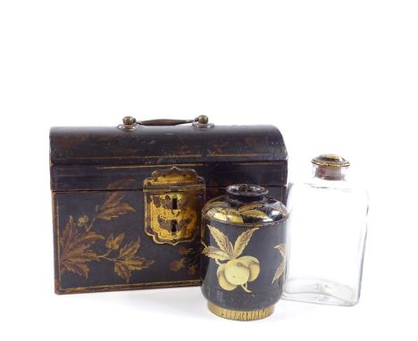 An 18th century gilded and lacquer wood dome-top tea caddy with brass carrying handle, the interior fitted with 2 original gl