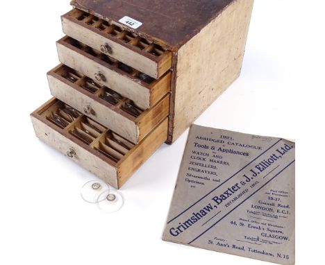 HOROLOGY INTEREST - watchmaker's chest of drawers, containing various size watch glasses, and a 1921 Abridged Catalogue of To