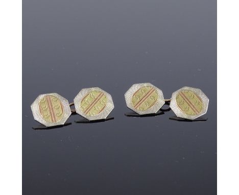 A pair of 9ct tri-colour gold octagonal panel cufflinks, engine turned decoration, possibly by The Albion Chain Co, hallmarks
