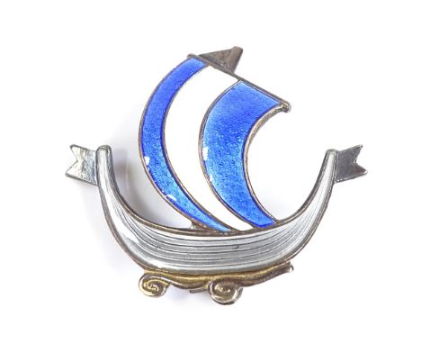 An Aksel Holmsen Norwegian sterling silver gilt and coloured enamel viking ship brooch, height 30.8mm, 4.7gCondition Report: 