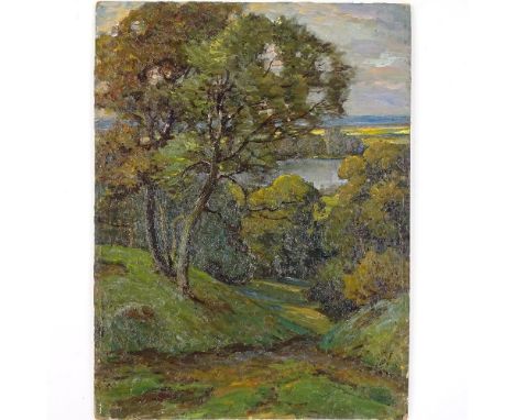 Follower of John Constable, early 20th century oil on board, extensive landscape, unsigned, 12" x 9", unframed