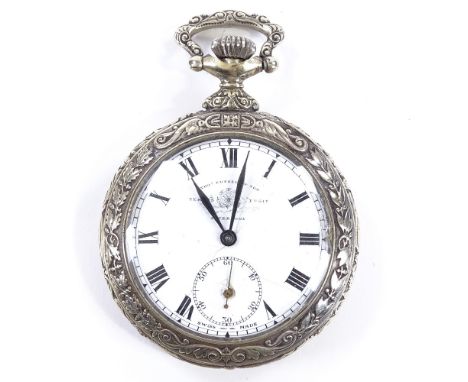 An Art Nouveau silver plated open-face top-wind pocket watch, by Thomas Russell & Son of Liverpool, white enamel dial with Ro